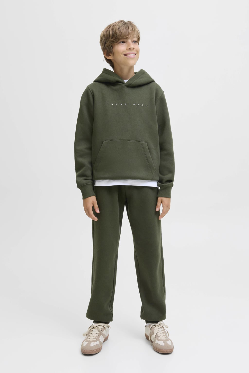Donkergroene jongens JACK & JONES JUNIOR slim sweatpants met regular waist, elastische tailleband met koord en logo dessin