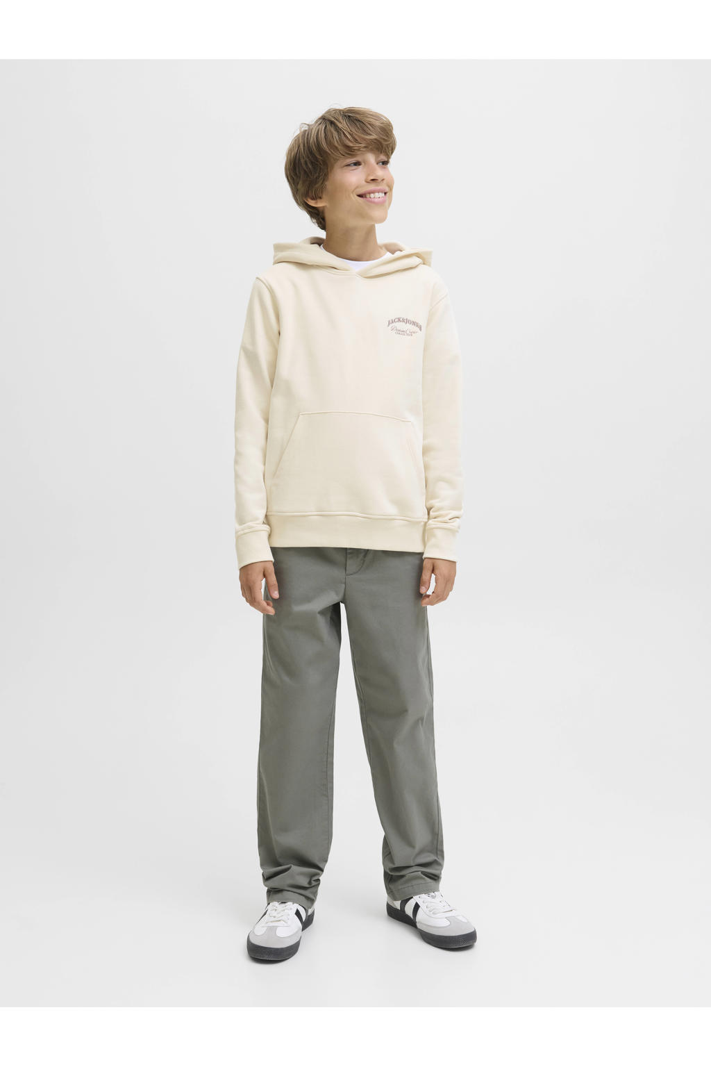 Ecru en bruine jongens JACK & JONES JUNIOR hoodie van katoen met backprint, lange mouwen en capuchon