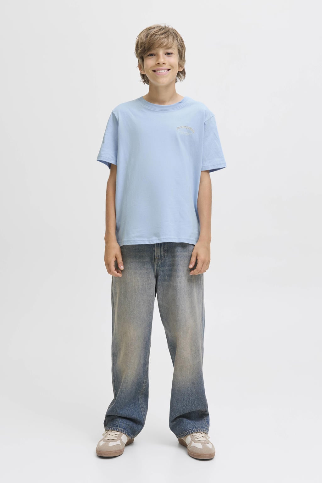 Lichtblauwe jongens JACK & JONES JUNIOR T-shirt van katoen met backprint, korte mouwen en ronde hals