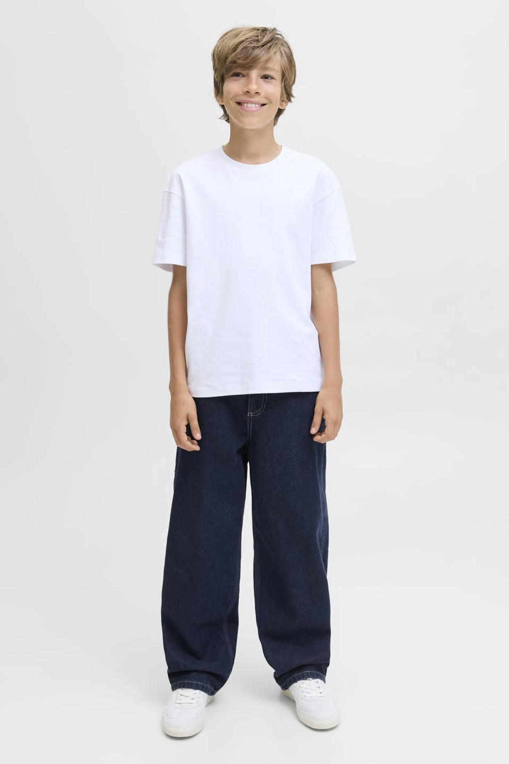 Dark blue denim jongens JACK & JONES JUNIOR baggy high waist baggy jeans dark blue van denim met rits- en knoopsluiting en effen