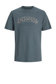 thumbnail: Grijsblauwe jongens JACK & JONES JUNIOR T-shirt van katoen met logo dessin, korte mouwen en ronde hals