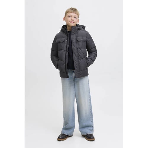 JACK & JONES JUNIOR gewatteerde jas grijs melange Jongens Polyester Capuchon