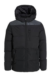 thumbnail: Zwarte jongens JACK & JONES JUNIOR gewatteerde jas van polyester met effen, lange mouwen, capuchon, ritssluiting en reflecterende details