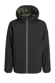 thumbnail: Zwart en olijfgroene jongens JACK & JONES JUNIOR tussenjas van polyester met effen, lange mouwen, capuchon en ritssluiting