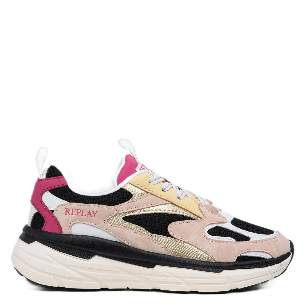 Beige en zwarte meisjes REPLAY Christal JR girl 6 chunky sneakers van 55% rayon fiber/45% pu met veters