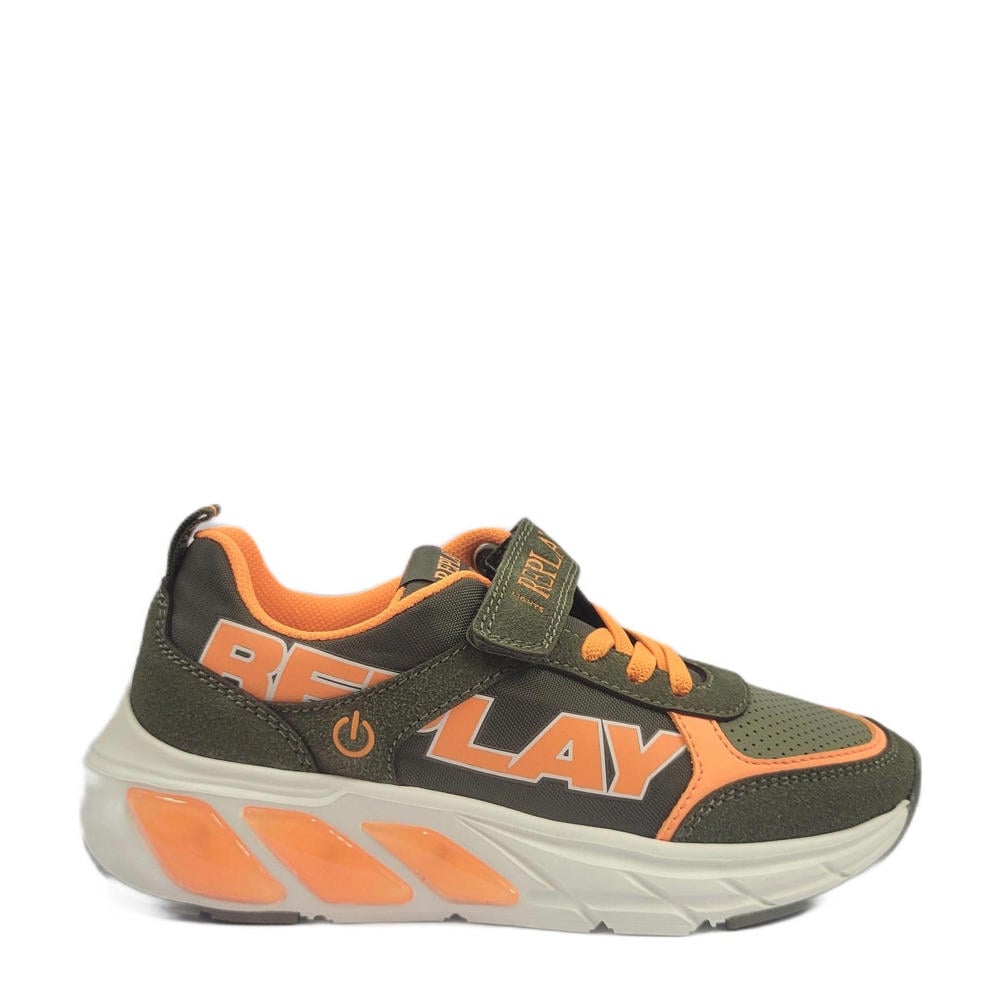 Kaki en oranje jongens REPLAY Cosmo lights boy 1 sneakers met veter- met klittenbandsluiting