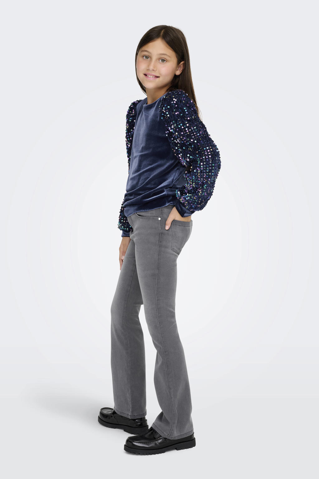 Grey denim meisjes KIDS ONLY GIRL high waist flared jeans van stretchdenim met rits- en knoopsluiting en effen