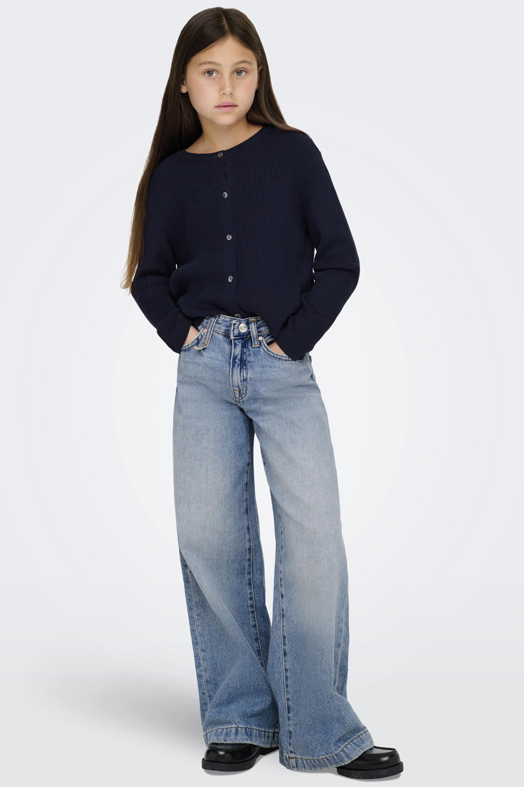 Medium blue denim meisjes KIDS ONLY GIRL high waist wide leg jeans van denim met rits- en knoopsluiting en effen