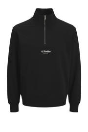 thumbnail: Zwarte jongens JACK & JONES JUNIOR sweater van katoen met tekst print, lange mouwen, opstaande kraag en halve rits