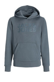 thumbnail: Grijsblauwe jongens JACK & JONES JUNIOR hoodie blauw van sweat materiaal met logo dessin, lange mouwen en capuchon