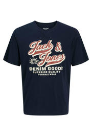 thumbnail: Donkerblauwe jongens JACK & JONES JUNIOR T-shirt van katoen met logo dessin, korte mouwen en ronde hals