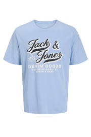thumbnail: Lichtblauwe jongens JACK & JONES JUNIOR T-shirt van katoen met logo dessin, korte mouwen en ronde hals