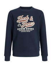 thumbnail: Donkerblauwe jongens JACK & JONES JUNIOR sweater met logo dessin, lange mouwen, ronde hals en geribde boorden