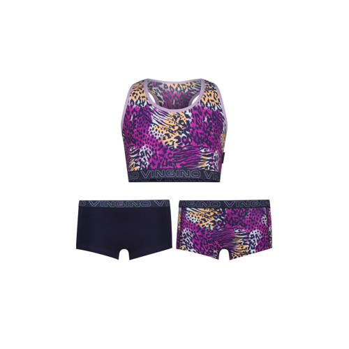 Vingino bh-top + 2 shorts paars/zwart Top + short Meisjes Stretchkatoen Ronde hals - maat 158/164 afbeelding