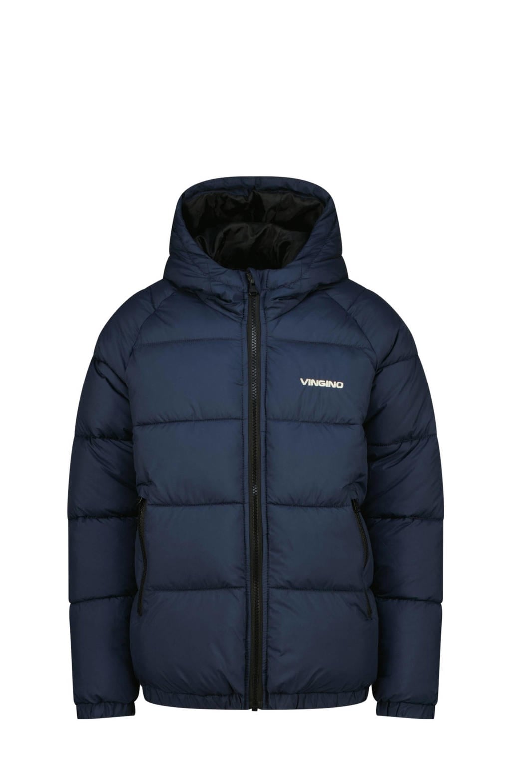 Donkerblauwe jongens Vingino gewatteerde jas van polyester met effen, lange mouwen, capuchon en ritssluiting