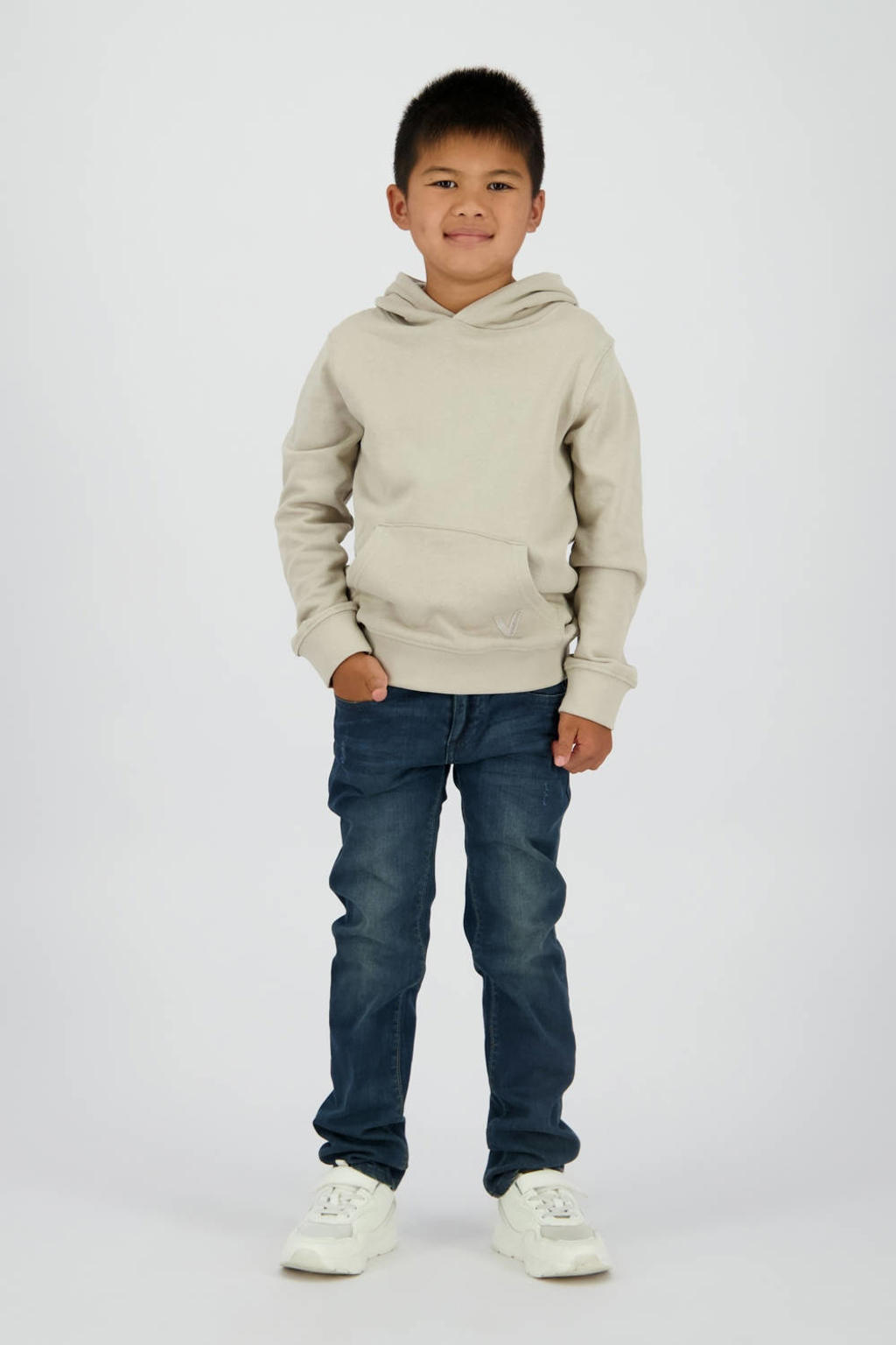 Beige jongens Vingino hoodie van katoen met effen, lange mouwen en capuchon