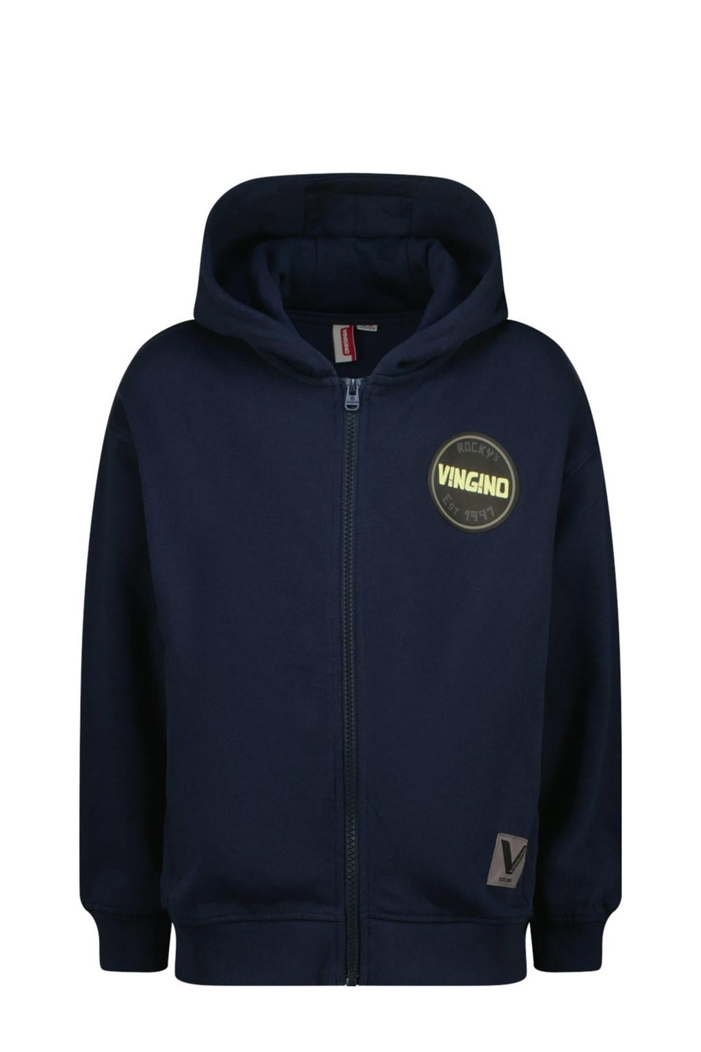 Donkerblauwe jongens Vingino sweatvest met effen, lange mouwen, capuchon, ritssluiting en 3D applicatie