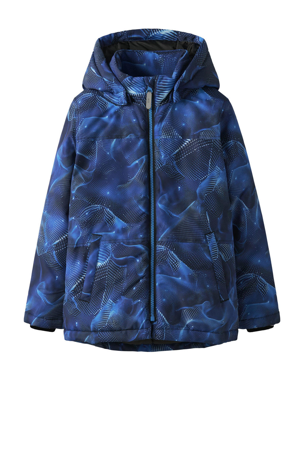 Blauwe jongens NAME IT KIDS tussenjas van polyester met lange mouwen, capuchon, ritssluiting en reflecterende details
