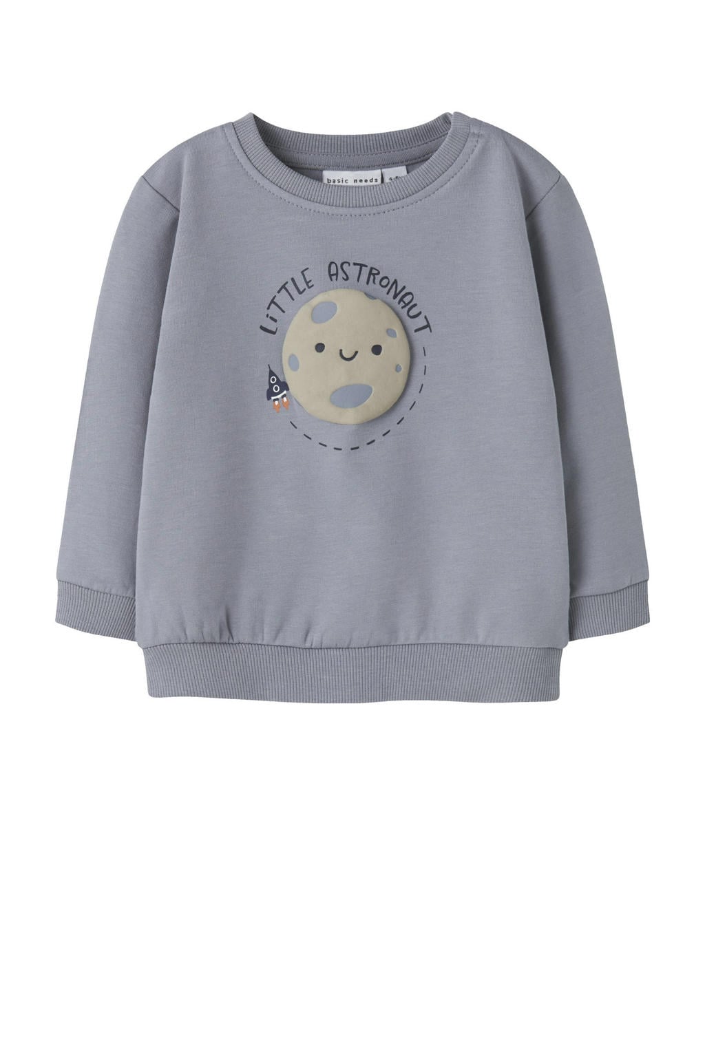 Grijsblauwe jongens NAME IT BABY sweater blauw met printopdruk, lange mouwen, ronde hals en drukknoopsluiting