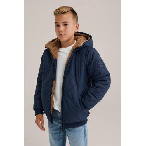 WE Fashion Blue Ridge teddy reversible jas winter donkerblauw Effen