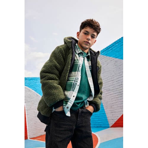 WE Fashion Blue Ridge teddy reversible jas winter donkergroen Meerkleurig