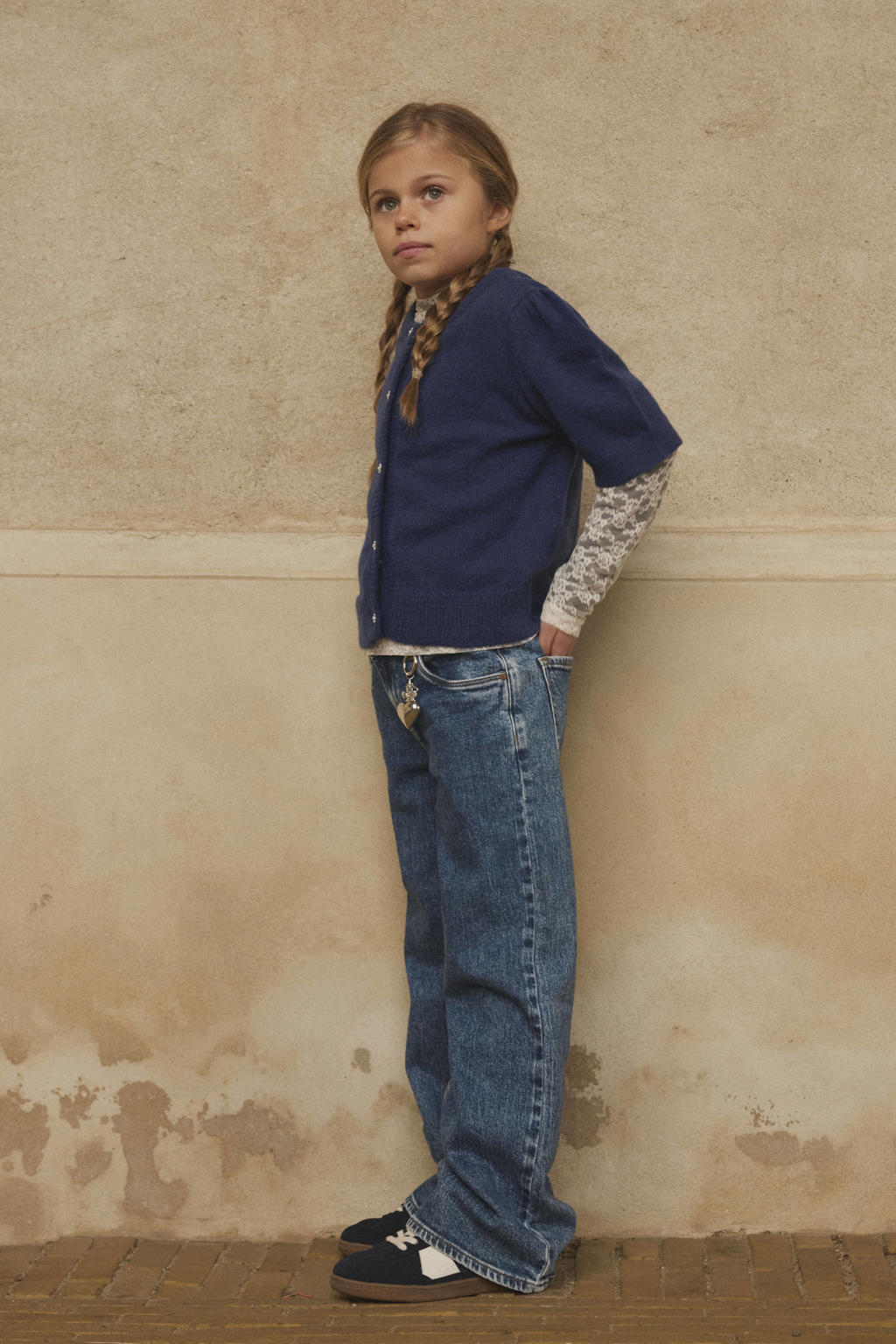 Donkerblauwe meisjes NAME IT KIDS vest fijn gebreid met effen, korte mouwen, ronde hals en knoopsluiting