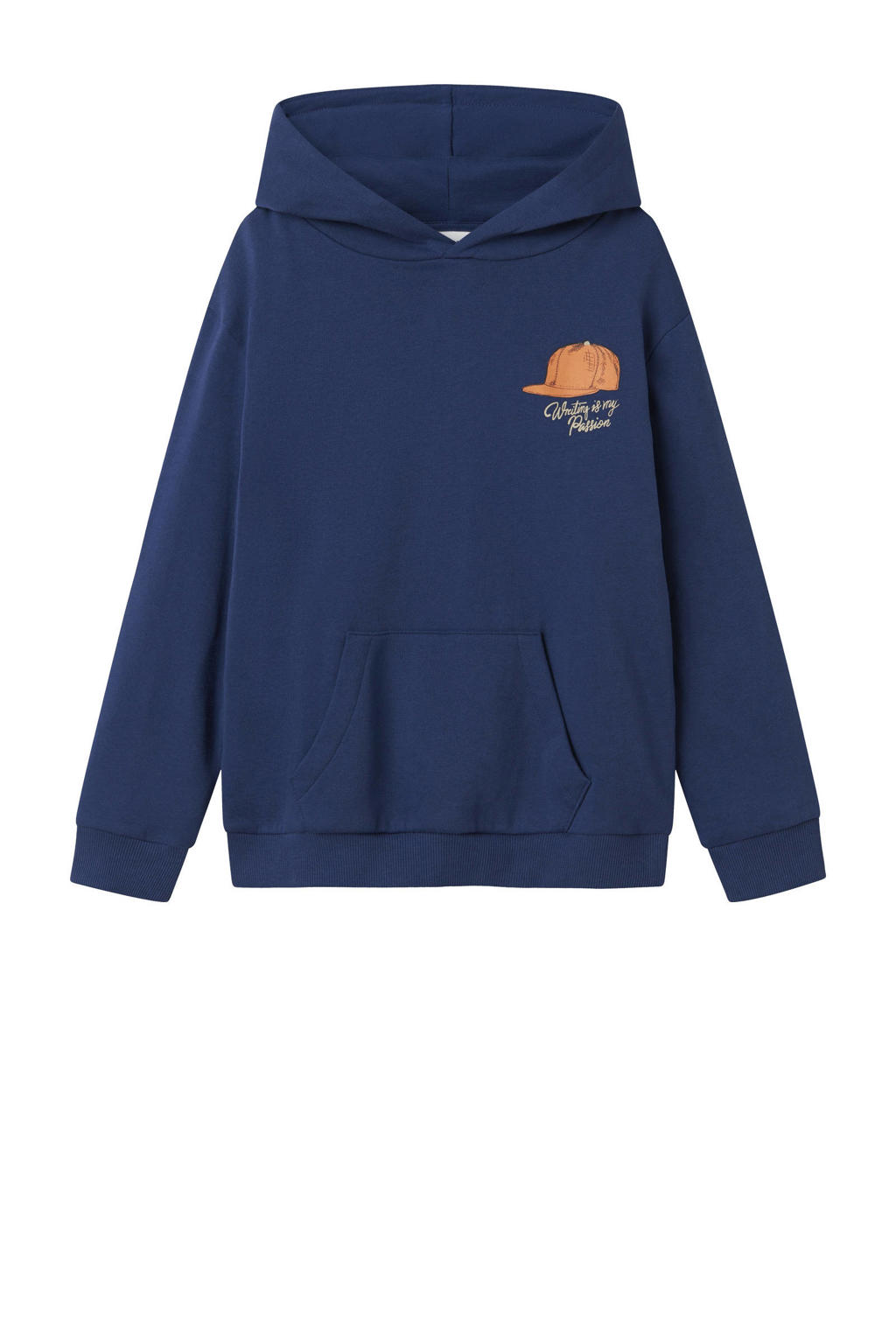 Blauwe jongens NAME IT KIDS hoodie van sweat materiaal met backprint, lange mouwen en capuchon