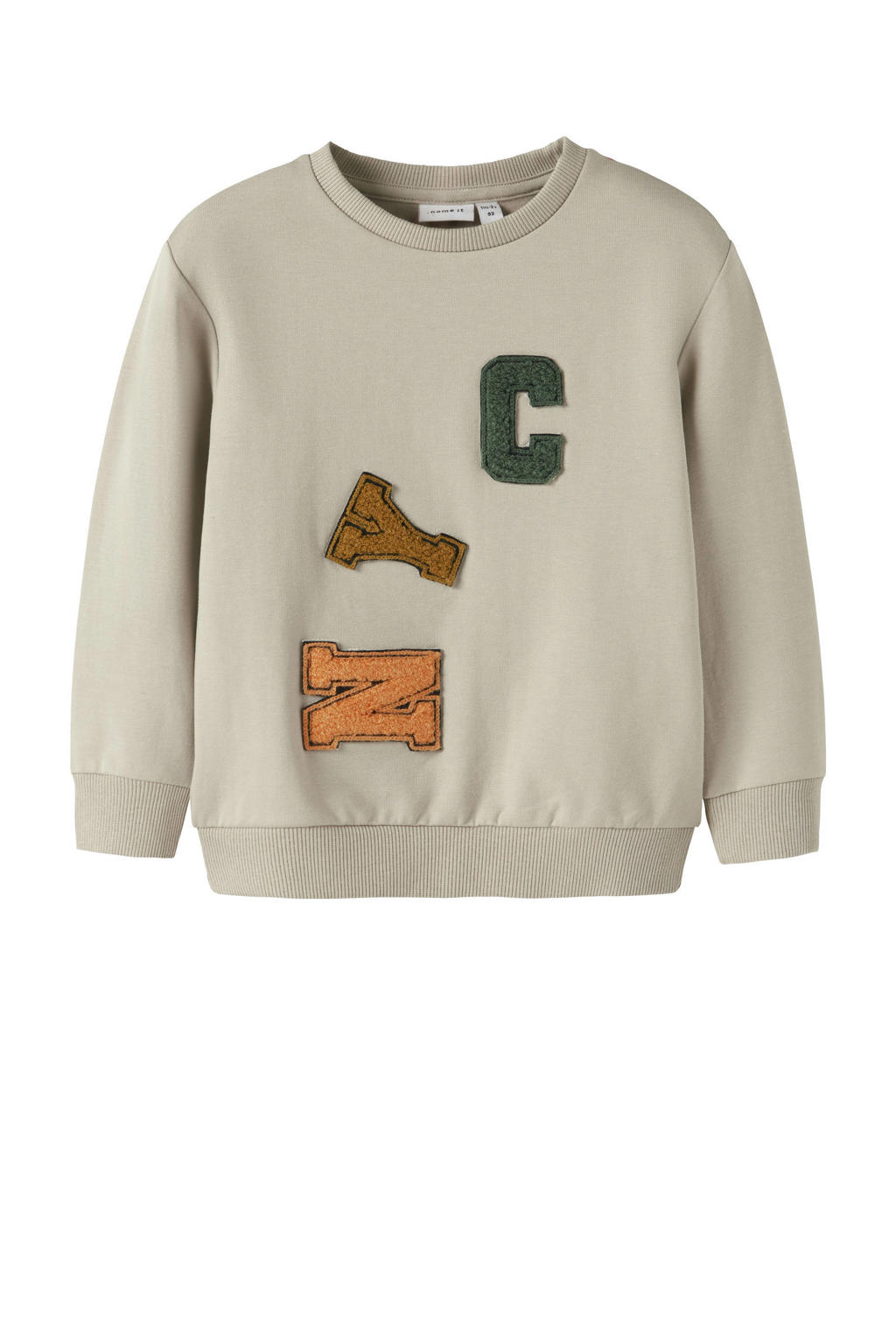 Beige jongens NAME IT MINI sweater met printopdruk, lange mouwen, ronde hals en 3D applicatie