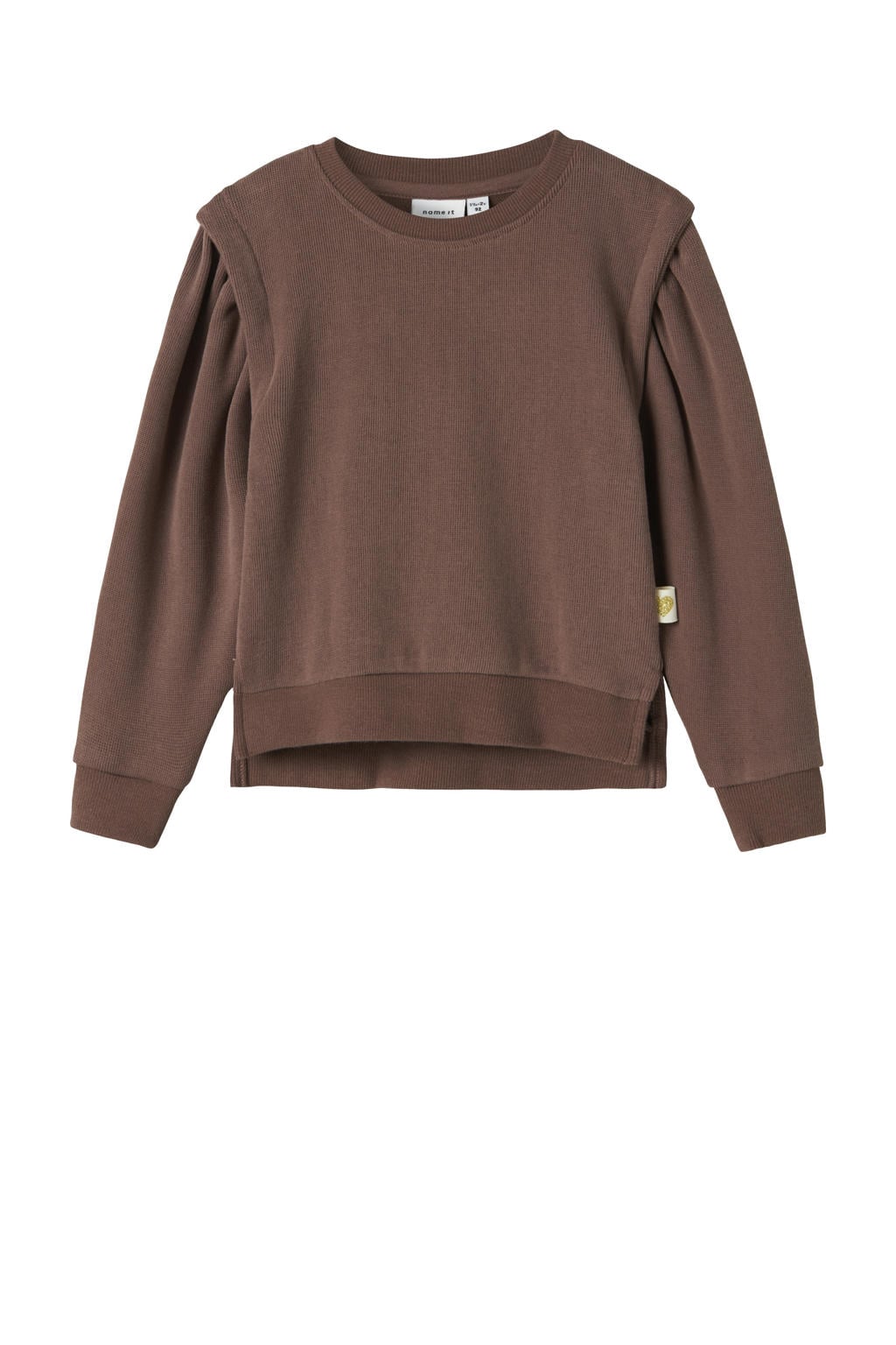 Bruine meisjes NAME IT MINI sweater met effen, lange mouwen, ronde hals en geribde boorden