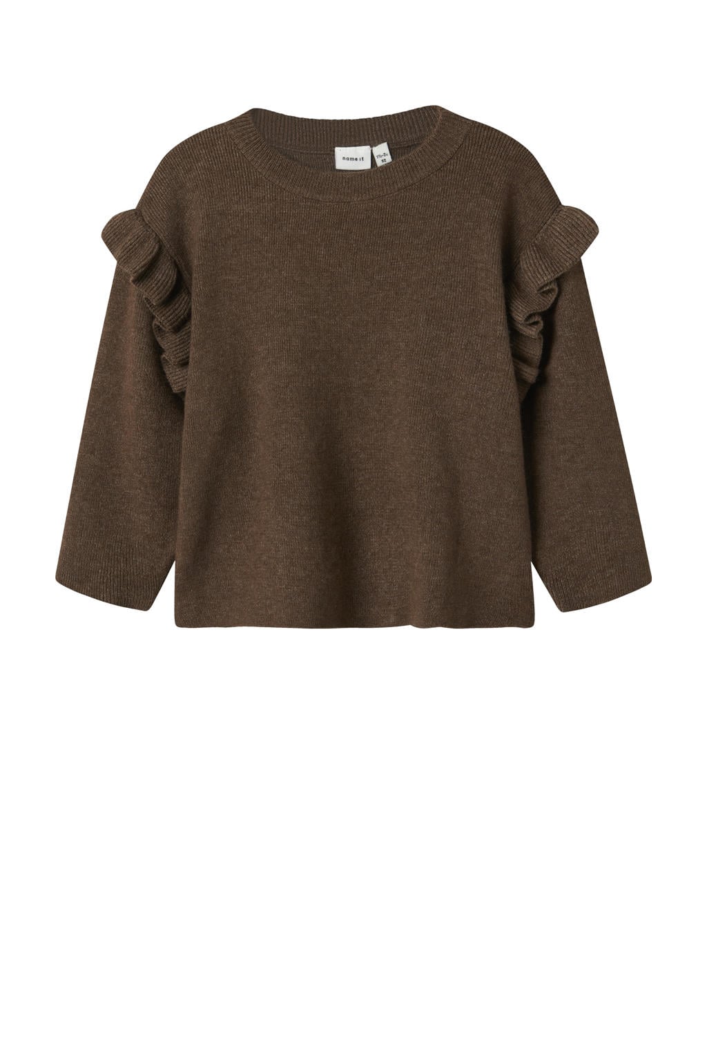 Bruine meisjes NAME IT MINI trui fijn gebreid van polyester met effen, lange mouwen en ronde hals
