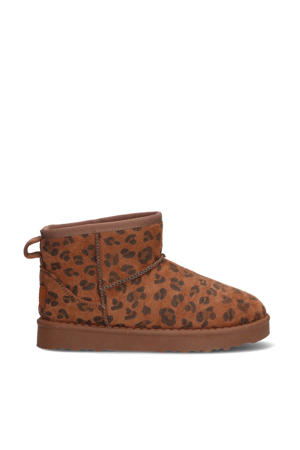 Willow Warm suède enkelboots met panterprint cognac/zwart
