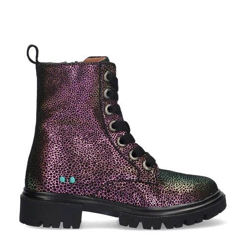 BunniesJR Saar Sterk leren veterboots paars Meisjes Leer All over print - maat 29 - glitter afbeelding