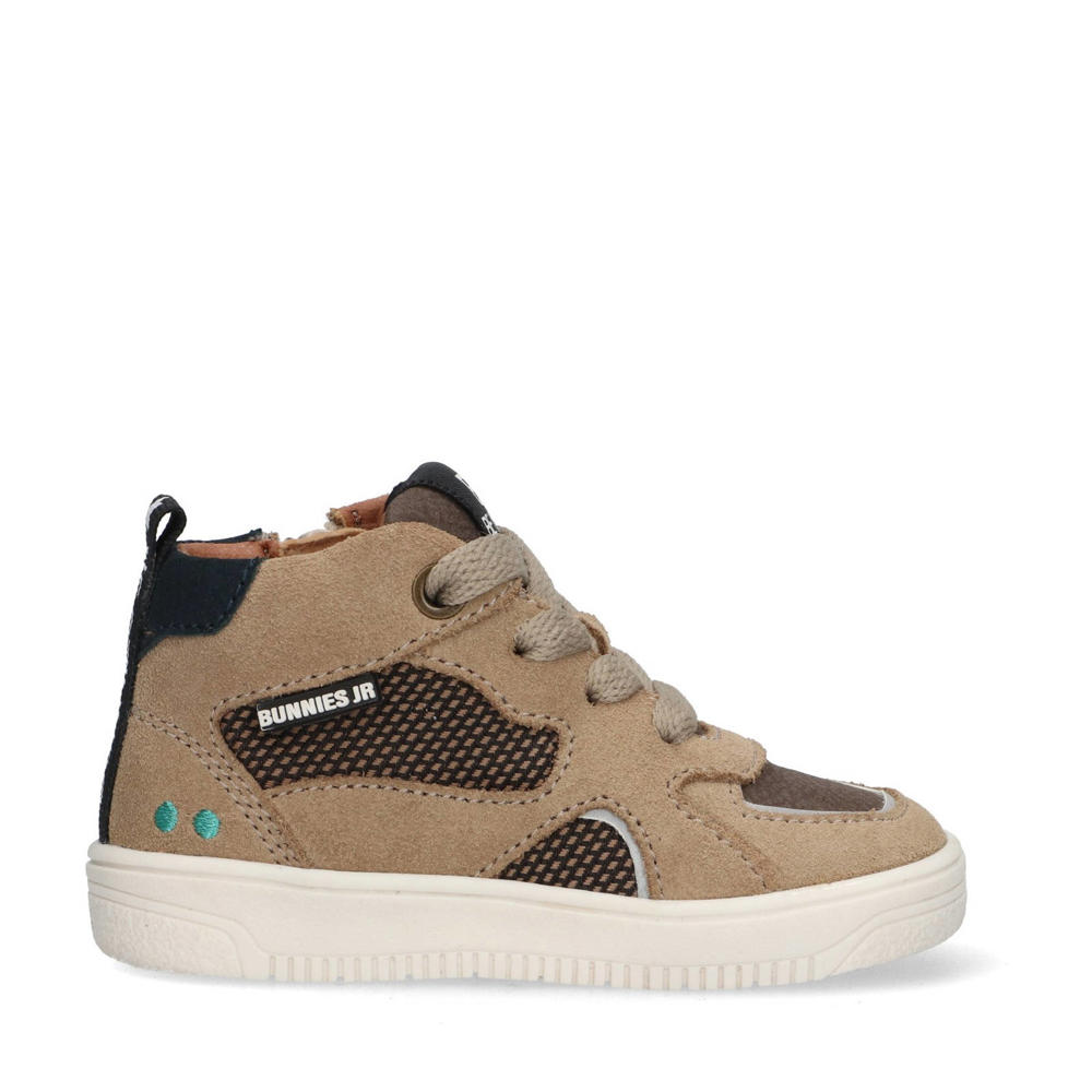 Taupe jongens BunniesJR Moos Mellow leren sneakers met rits- en vetersluiting