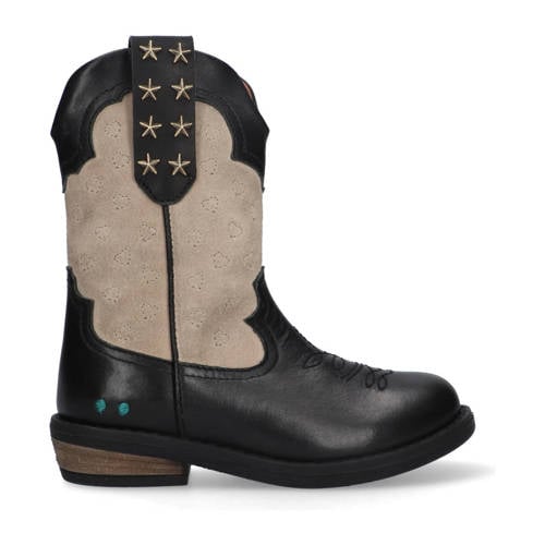 BunniesJR Romee Rodeo leren cowboylaarzen zwart/beige Meisjes Leer Meerkleurig