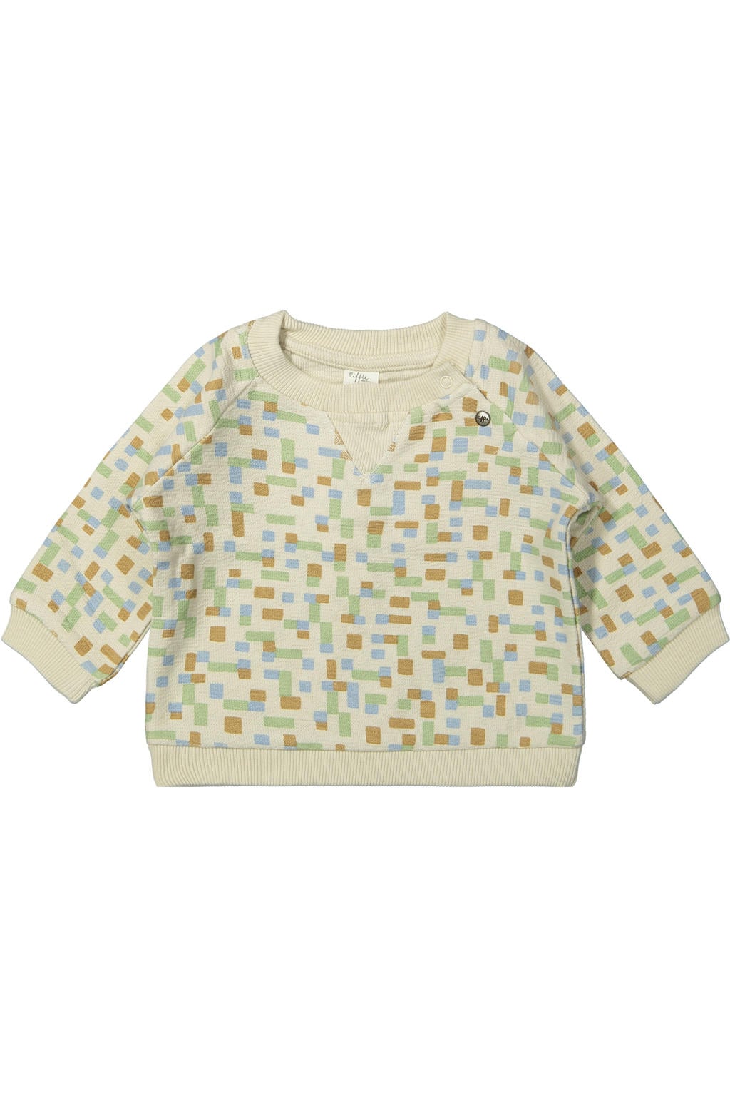 Ecru jongens Riffle Amsterdam sweater met lange mouwen, ronde hals en drukknoopsluiting