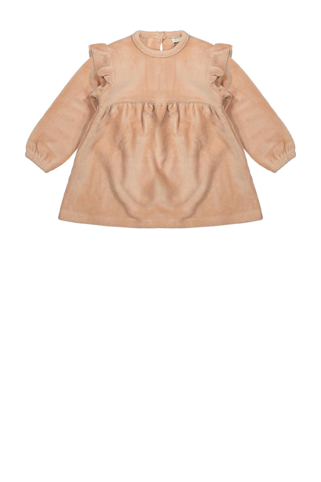 Roze meisjes Riffle Amsterdam midi jurk van corduroy met effen, lange mouwen, ronde hals, drukknoopsluiting en ruches