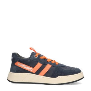 leren sneakers donkerblauw/oranje