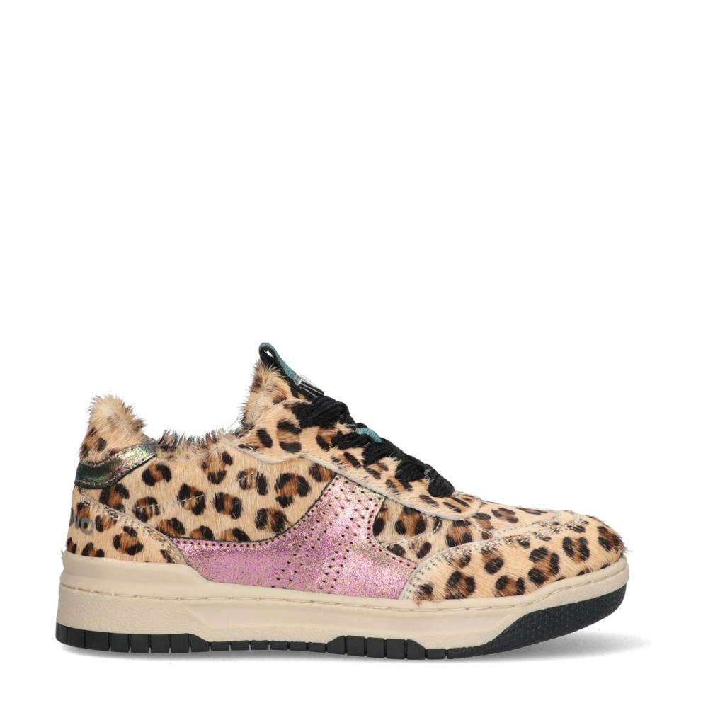 Beige, donkerbruin en roze meisjes Vingino Bold Rosali sneakers met ponyhair en van leer met panterprint
