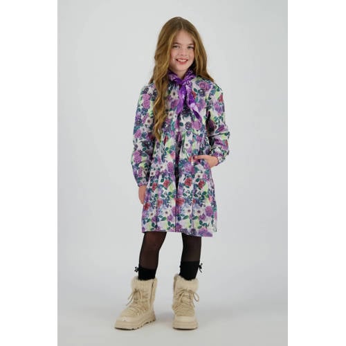 Vingino gebloemde A-lijn jurk paars Meisjes Katoen Ronde hals Bloemen