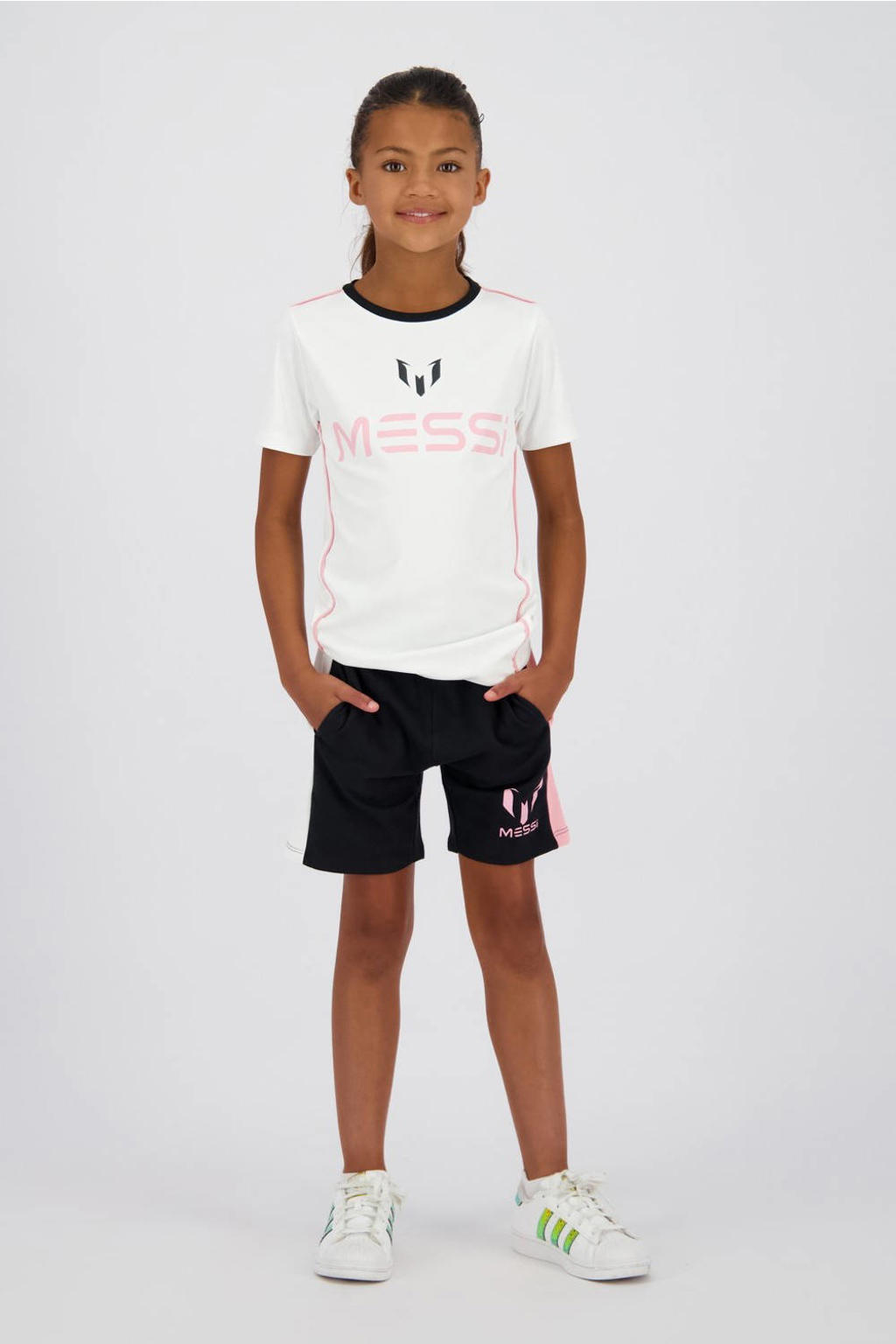 Witte jongens Messi T-shirt van katoen met logo dessin, korte mouwen en ronde hals