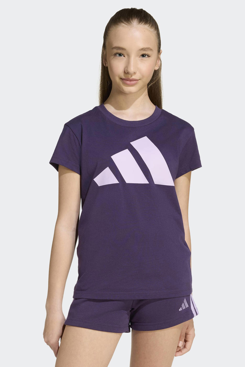 Paarse meisjes adidas Sportswear T-shirt van katoen met logo dessin, korte mouwen en ronde hals