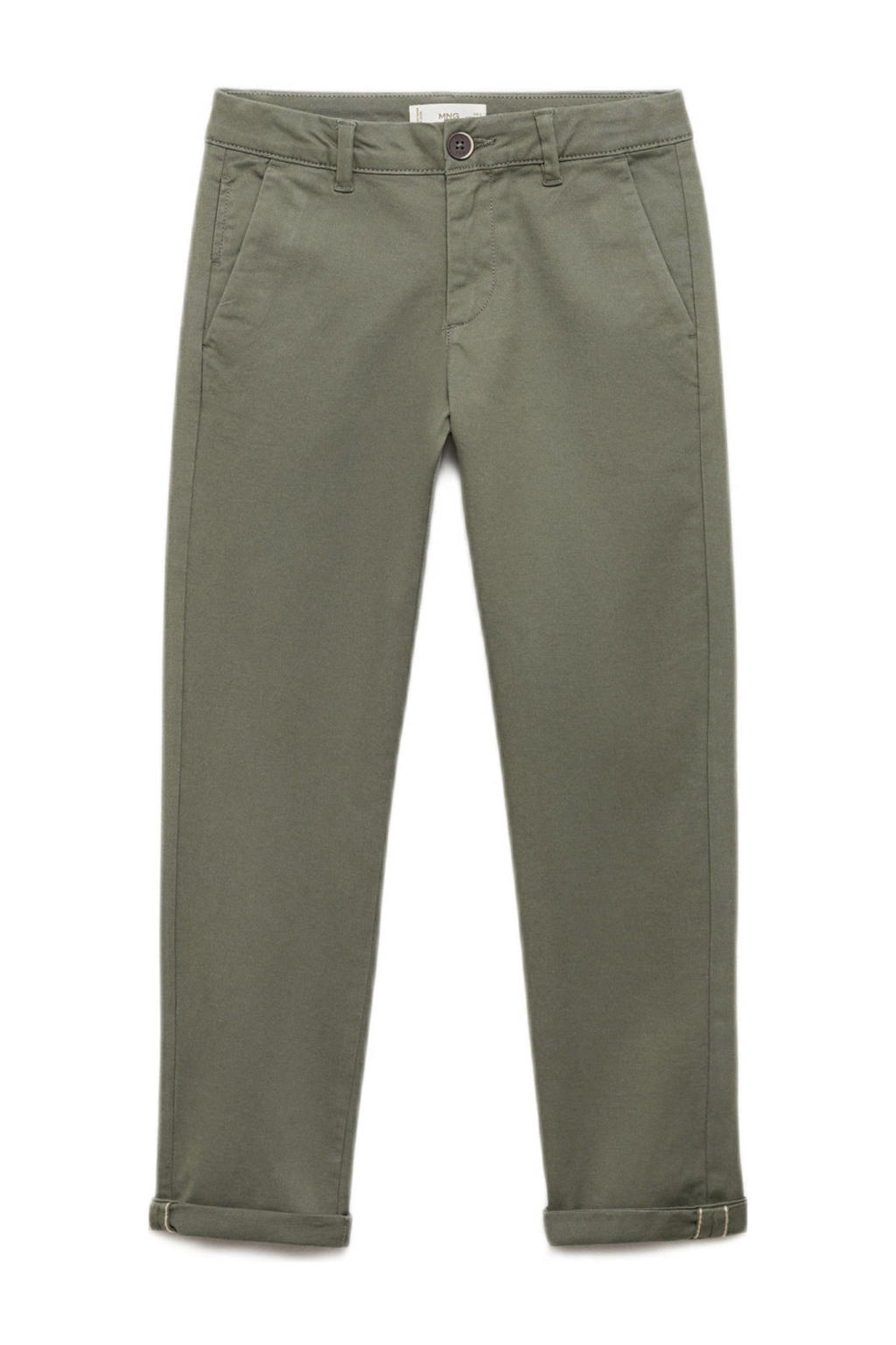 Kakikleurige jongens Mango Kids straight casual broek van stretchkatoen met regular waist, rits- en knoopsluiting en effen