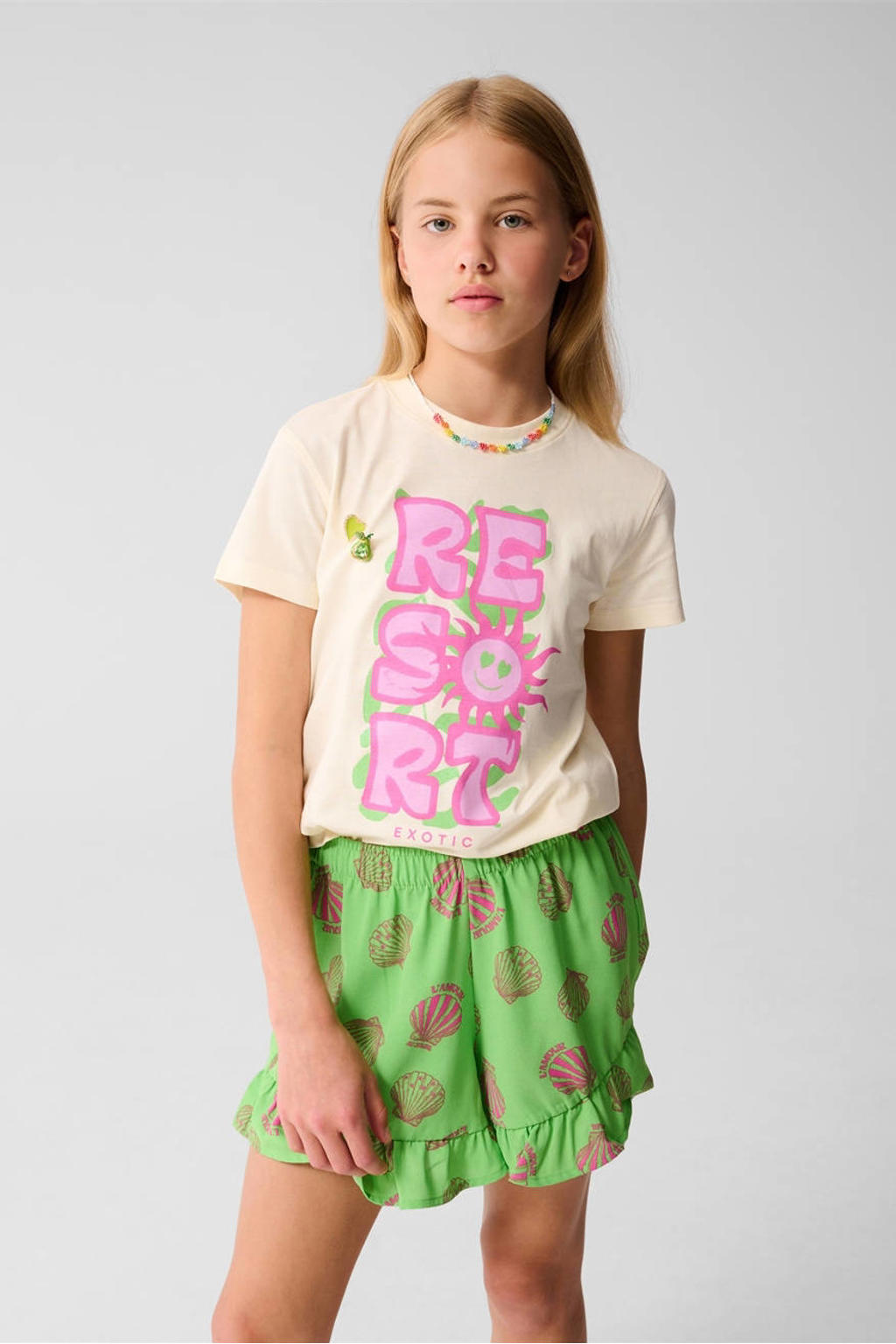 Ecru en roze meisjes Shoeby T-shirt van katoen met printopdruk, korte mouwen en ronde hals
