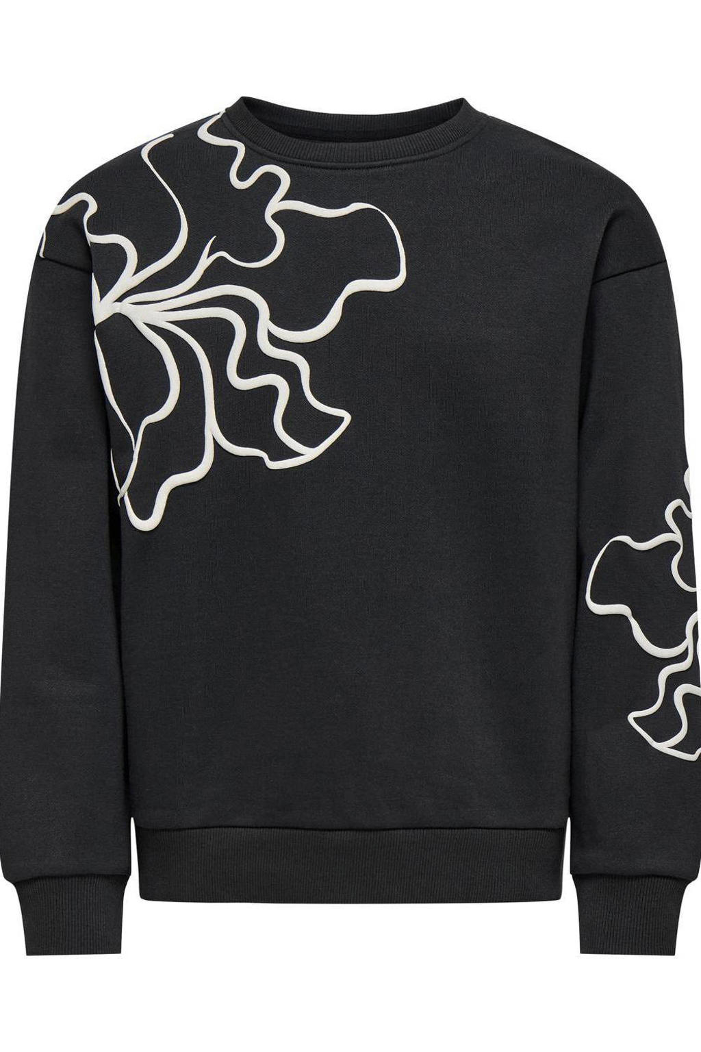 Zwarte meisjes KIDS ONLY GIRL sweater met printopdruk, lange mouwen, ronde hals en geribde boorden