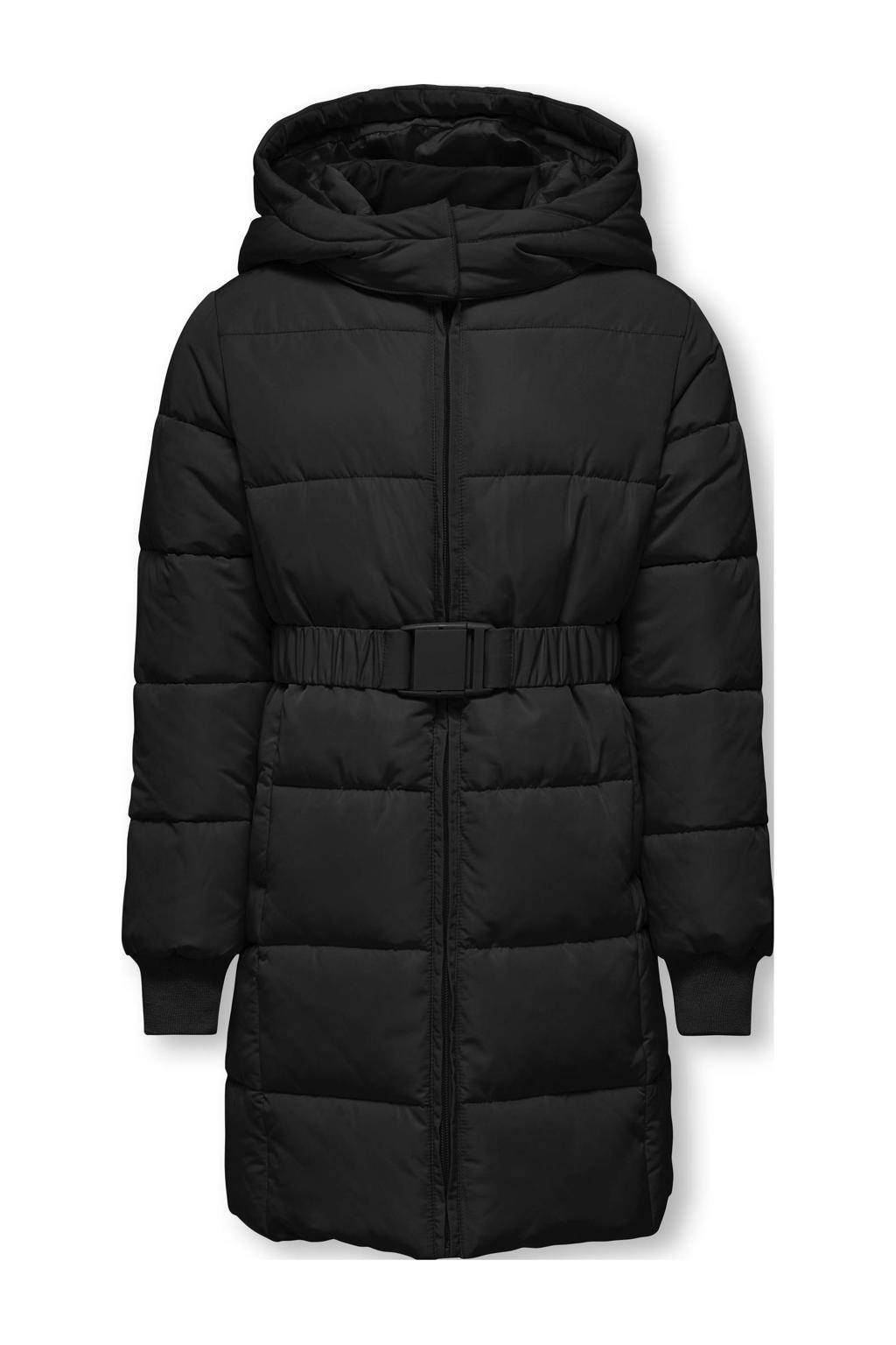 Zwarte meisjes KIDS ONLY GIRL gewatteerde jas van polyester met effen, lange mouwen, capuchon, ritssluiting en ceintuur