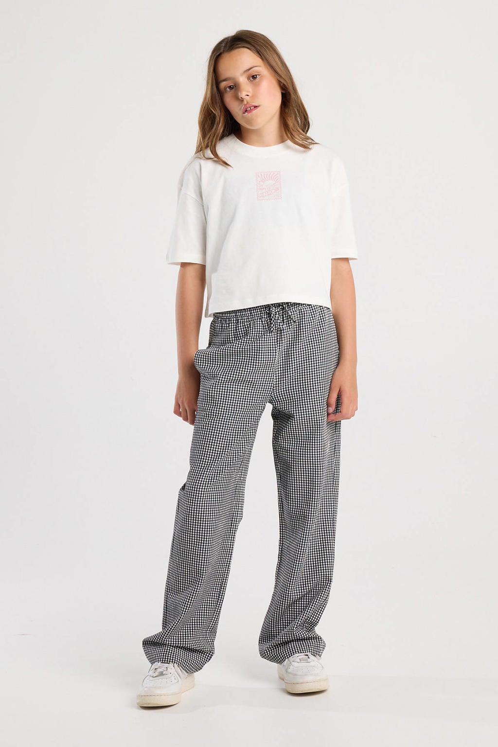 Zwart en witte meisjes America Today casual broek van polyester met elastische tailleband met koord en ruitenprint