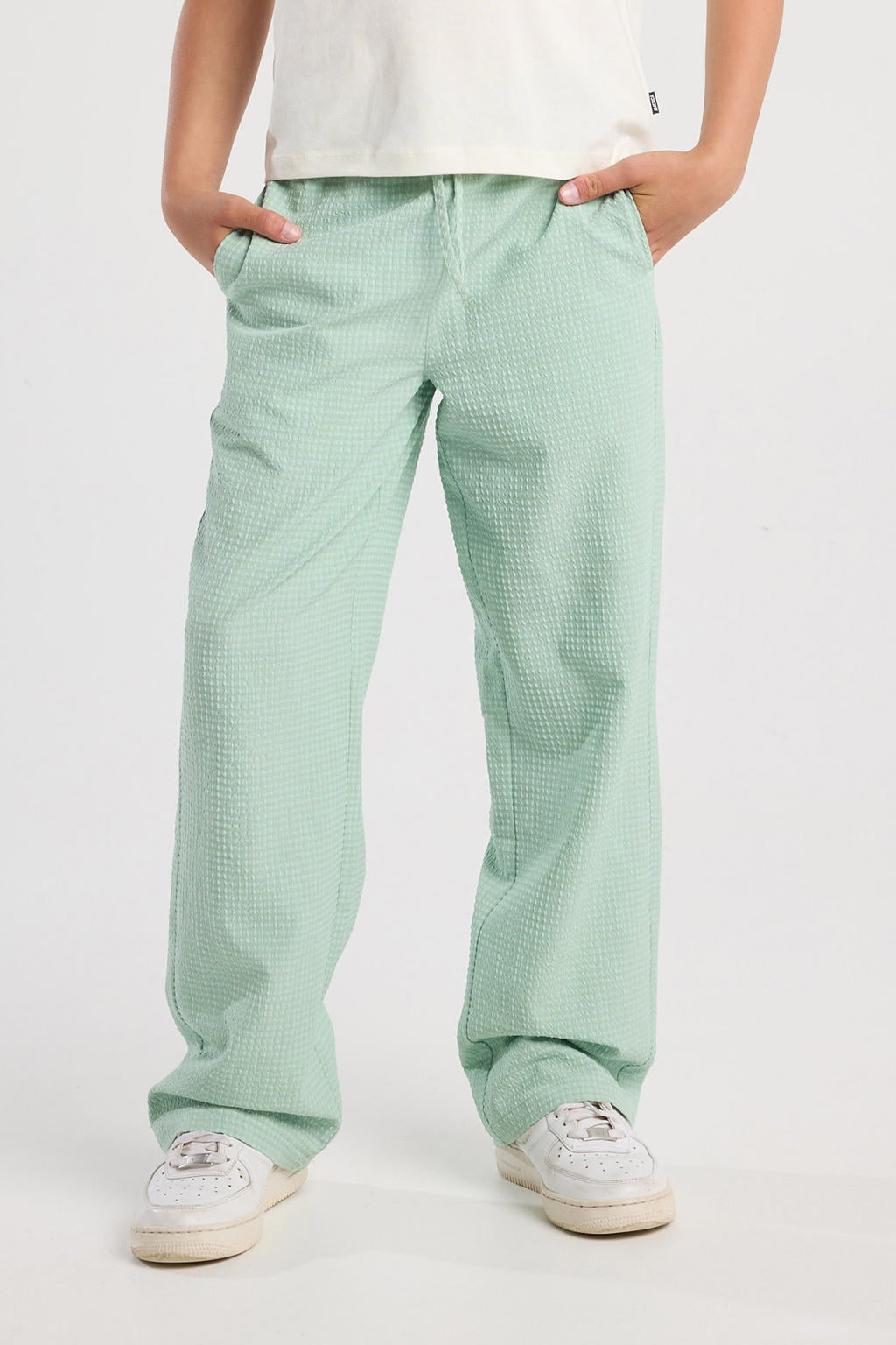 Lichtgroene meisjes America Today casual broek van polyester met elastische tailleband met koord en ruitenprint