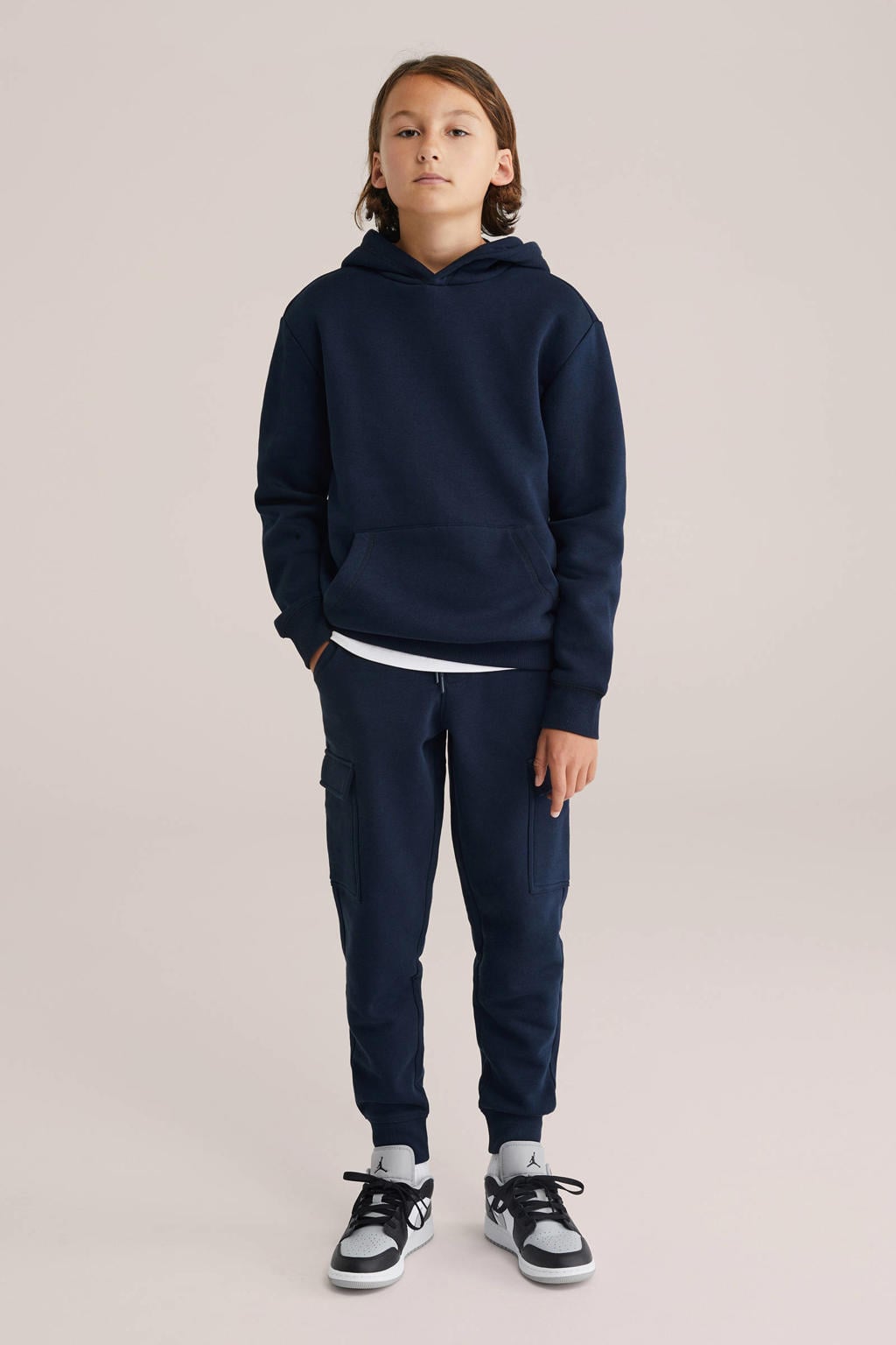 Donkerblauwe jongens WE Fashion Blue Ridge slim sweatpants van katoen met elastische tailleband met koord en effen