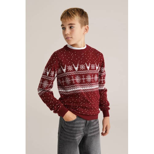WE Fashion kersttrui donkerrood Jongens Katoen Ronde hals All over print - maat 158/164 afbeelding