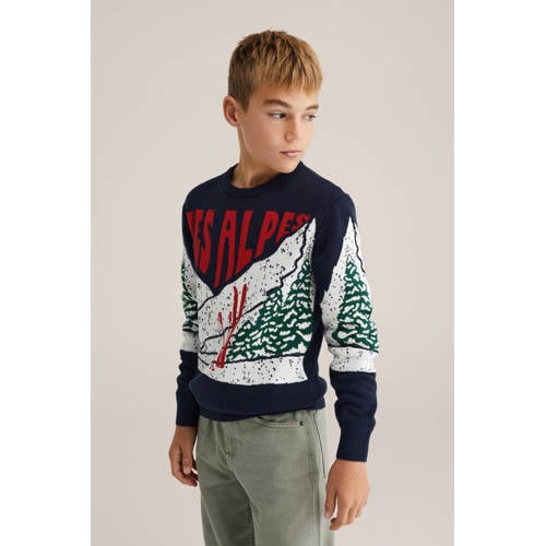 WE Fashion kersttrui donkerblauw gebreid Jongens Katoen Ronde hals All over print